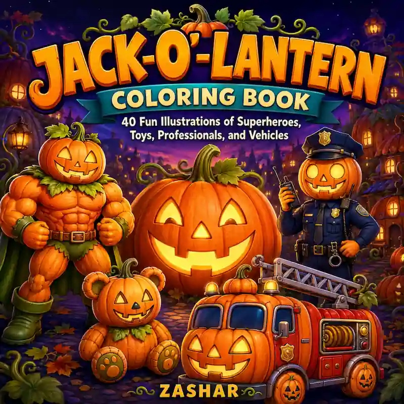 Jack-o'-Lantern Coloring Book — 40 Fun Illustrations of Superheroes, Toys, Professionals, and Vehicles