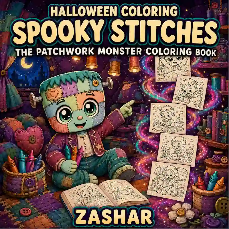 Cover of Halloween Coloring: Spooky Stitches: The Patchwork Monster Coloring Book