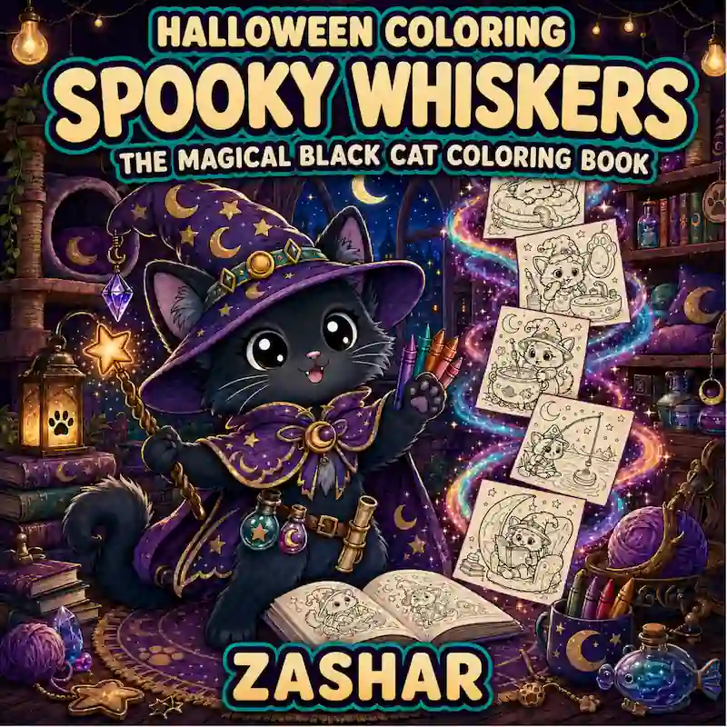 Cover of Halloween Coloring: Spooky Whiskers: The Magical Black Cat Coloring Book
